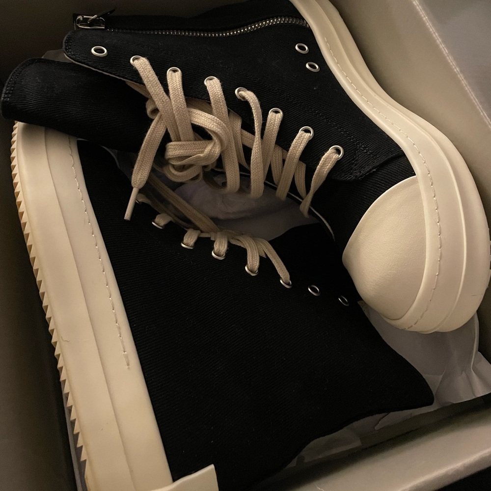 Rick Owens Black and Cream High-Top Sneakers